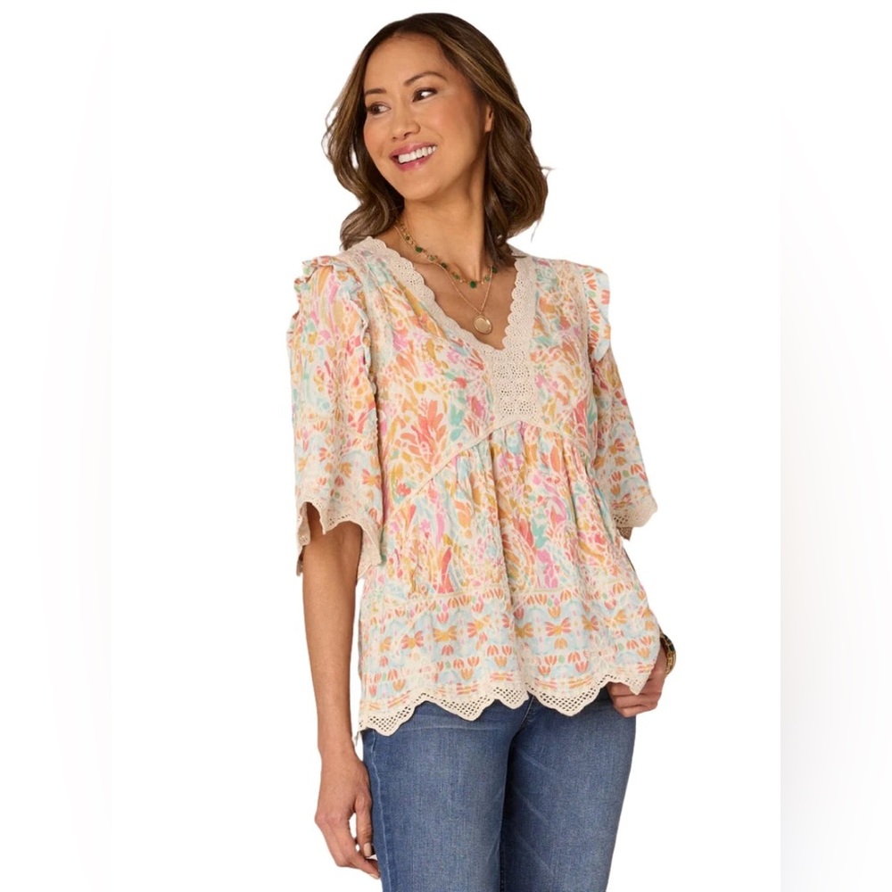 Democracy Embroidered‎ Floral Top 3X Elbow Sleeves Crochet Scalloped Hem Boho